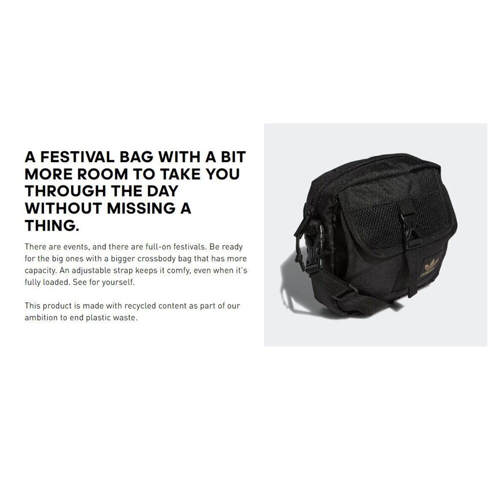 Adidas Large Festival Crossbody Bag Black Gold Trefoil Emblem Adjustable Unisex - Picture 10 of 11